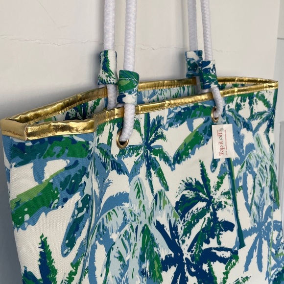 Top It Off Catalina Tote Bag Tropical Palm Print Tote Bag Blue and Green - Picture 6 of 15